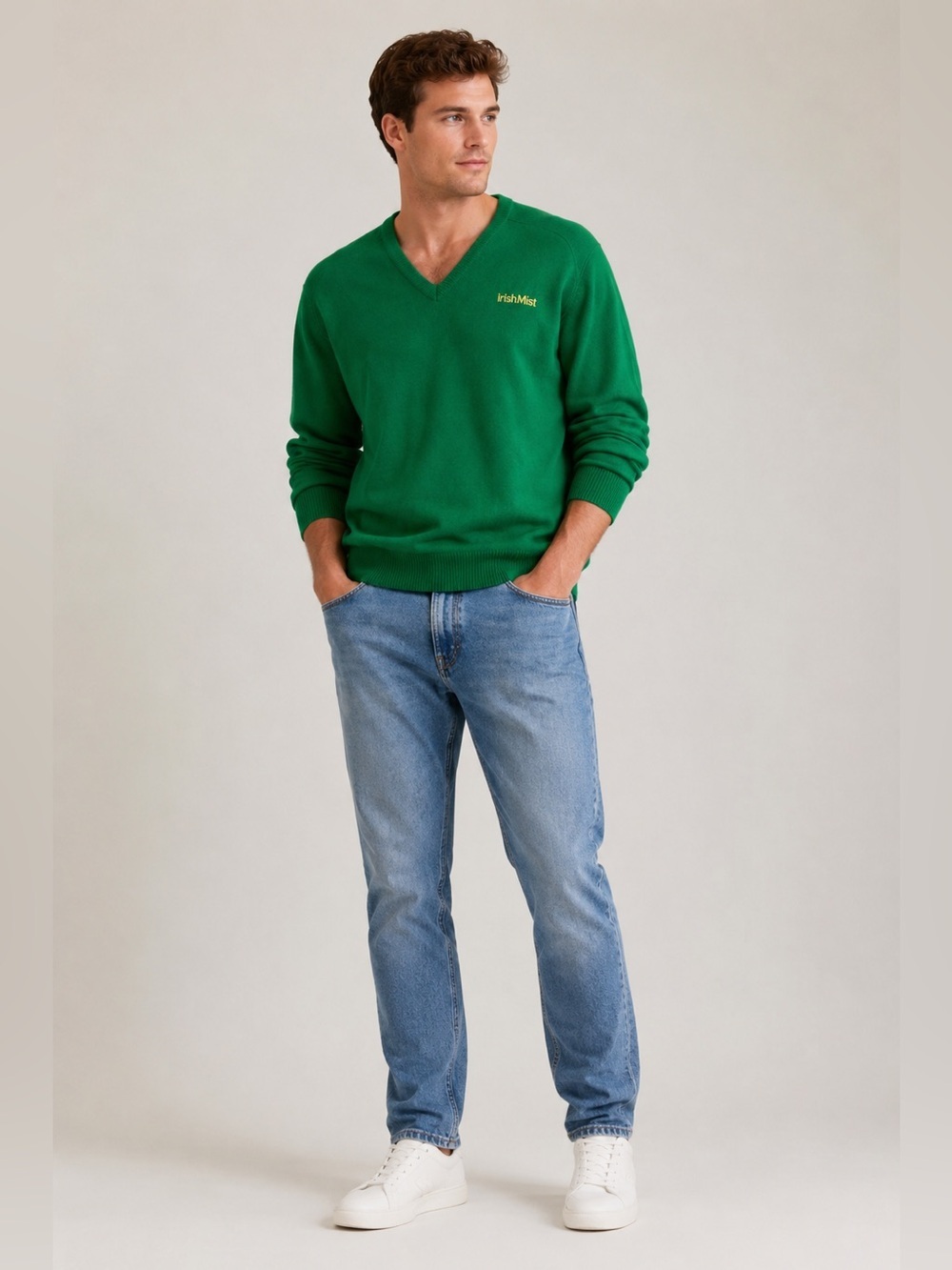 PINE STATE Vintage V-Neck Green Embroidered Irish Mist Sweater Size XL